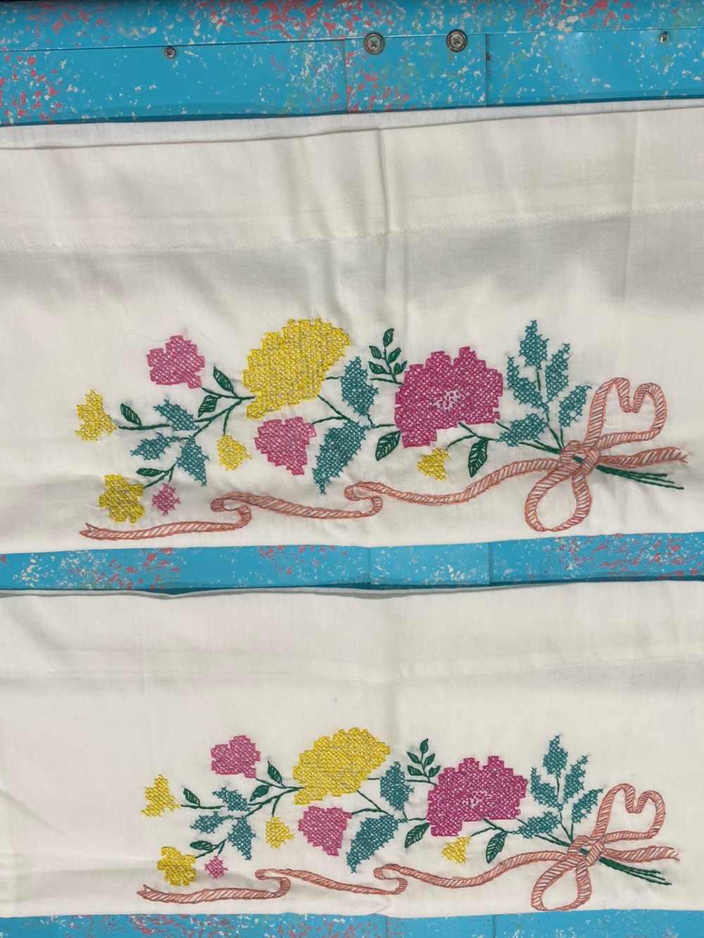 2 Hand Embroidered Floral Pillowcase Set in White with Pink & Yellow Accents